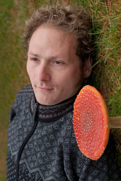 Jesse Rivest with a mushroom, Aaron Burgess, 2010